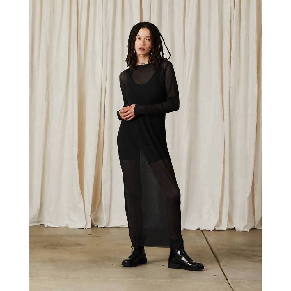 NEW ALI GOLDEN pleated mesh high neck dress in black